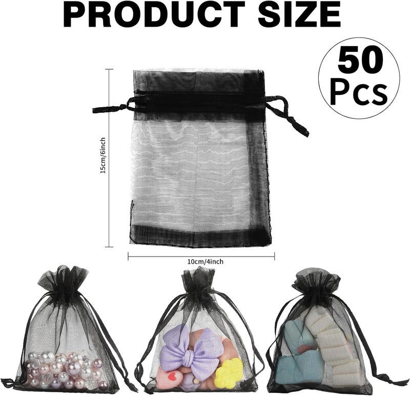 BOEIAC Organza Bags, Black Organza Bags, 50Pcs, Sheer Organza Bags 4 x 6 inch, Jewelry Gift Bags, Party Favor Bags with Drawstring, Mesh Gift Pouches Mini Candy Bags for Wedding Valentine's Day Party - Image 2